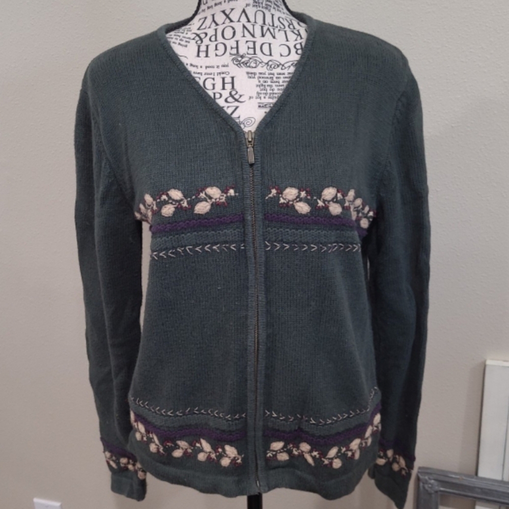 Vintage Eddie Bauer Women's SZ Med. Zip Cardigan embroidery forest green Y2K‎